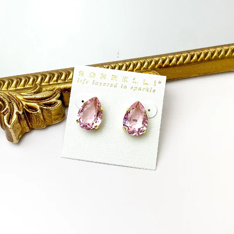 Wanderer weave earrings-Sorrelli | Eileen Stud Earrings in Bright Gold Tone and Pink Pineapple Crystals