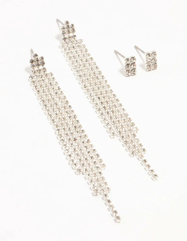 Wide bar earrings-Diamante Cup Chain Multiple Stud Silver Earrings 2-Pack