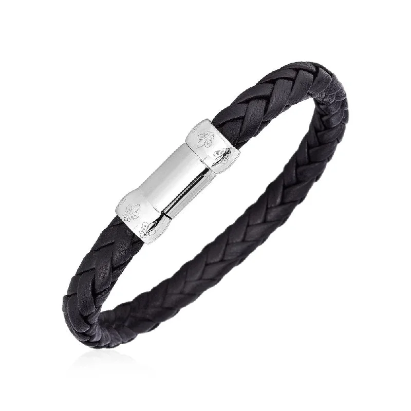 Ethnic braid bangles-Braided Black Leather Bracelet with Sterling Silver Clasp