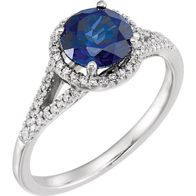 Mystic eye engagement rings-14KT WHITE GOLD 1.85 CT LAB CREATED BLUE SAPPHIRE & 1/6 CTW DIAMOND HALO RING