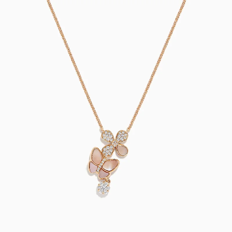 Celestial charm necklaces-14K Rose Gold Mother of Pearl and Diamond Butterfly Necklace, 0.26 TCW