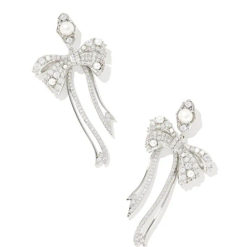 Layered tier earrings-Kendra Scott | Krista Silver Bow Statement Earrings in White Mix