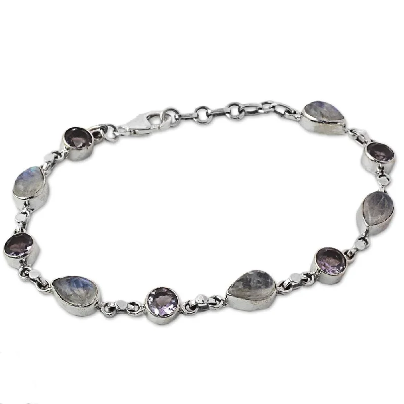 Regency style bangles-NOVICA Amethyst and Rainbow Moonstone Link Bracelet, 'Misty Lilac' (India) - 7'6" x 9'6"