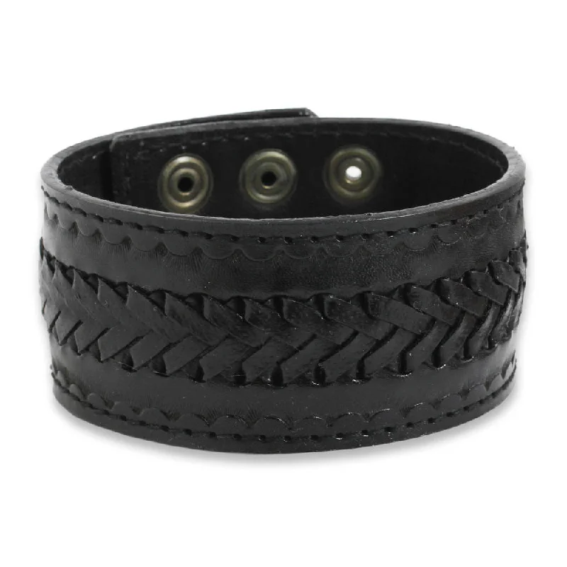 Lily motif bangles-Men's Handmade Leather 'Rugged Black' Bracelet (Thailand)