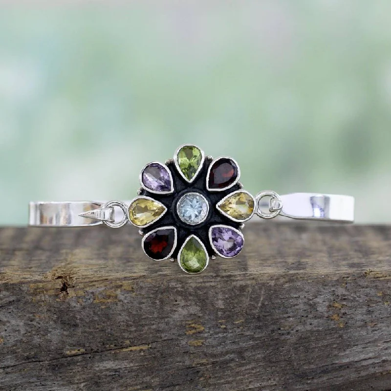 Hand-polished bangles-Handmade Sterling Silver 'Floral Emblem' Multi-gemstone Bracelet (India)