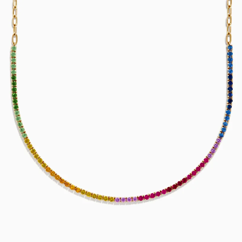 Thick bar necklaces-Watercolors 14K Yellow Gold Multi Sapphire, Ruby, & Tsavorite Necklace