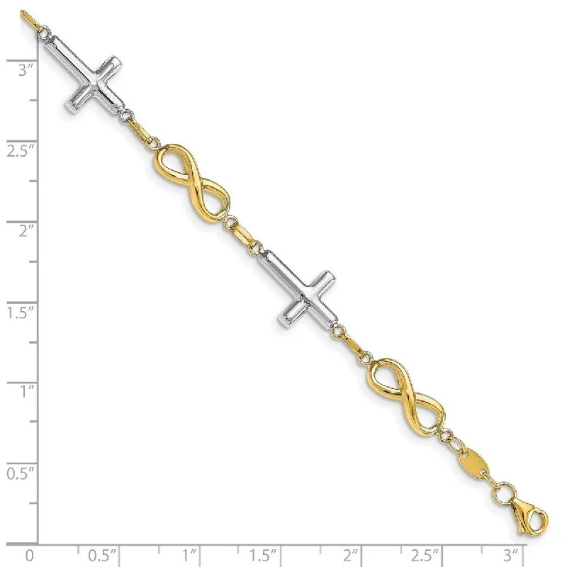 Pinch clasp bangles-Curata 10k Two tone Gold Sideways Cross and Infinity Link Bracelet 7.5 Inch