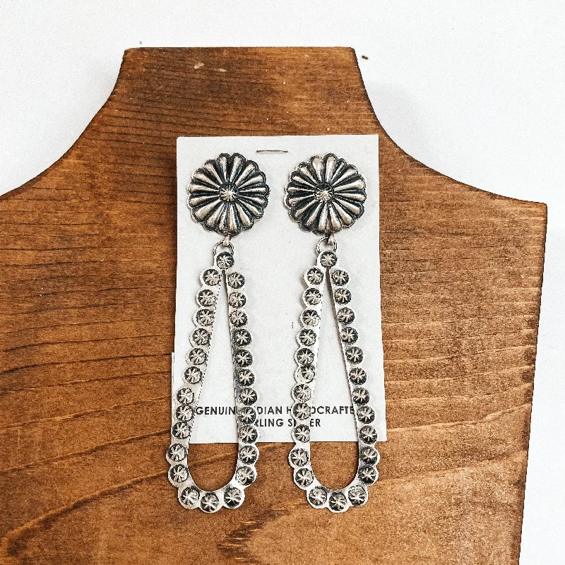 Fiber fringe earrings-Eugene Charley | Navajo Handmade Sterling Silver Concho Post Earrings with Teardrop Outline Dangle