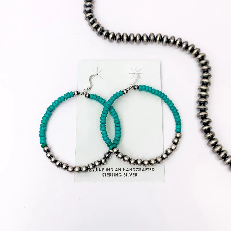 Oak wood earrings-Navajo | Navajo Handmade Sterling Silver Navajo Pearl Hoop Earrings with Turquoise Beads