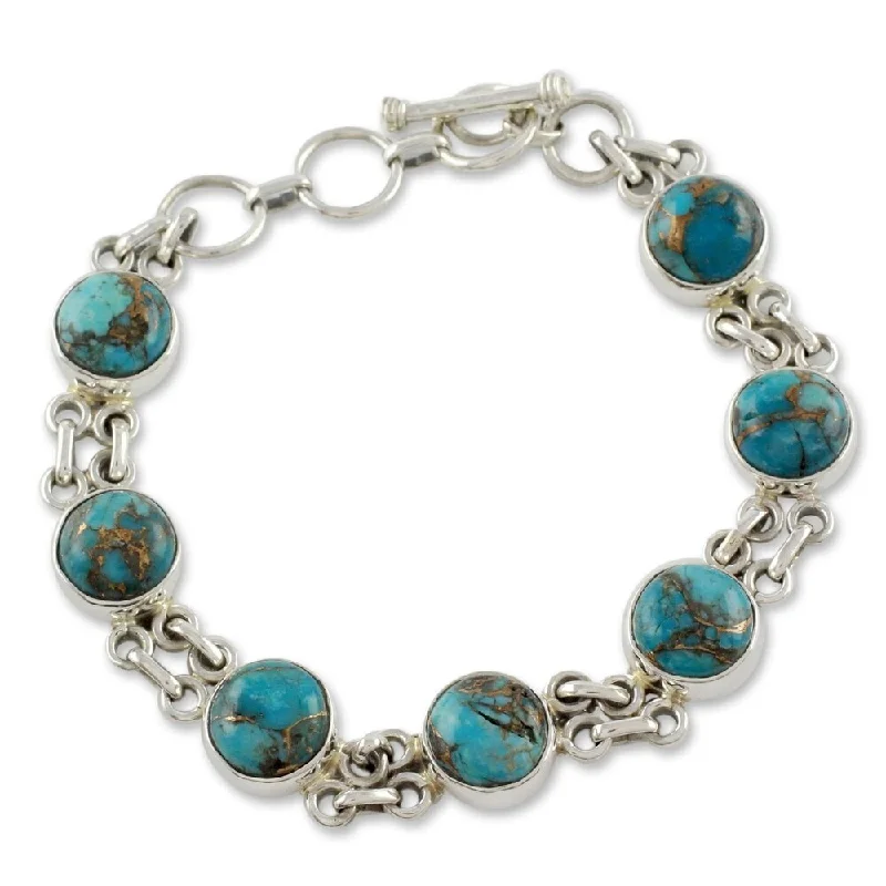 Regency style bangles-Handmade Sterling Silver Sky Paths Turquoise Link Bracelet (7.25 IN) (India)