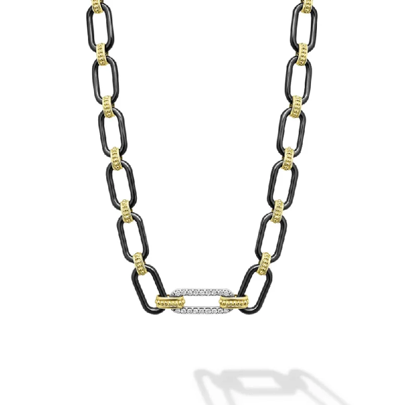 Reed weave necklaces-Lagos Signature Caviar 18k Gold & Black Ceramic Diamond Station Link Necklace, 6mm