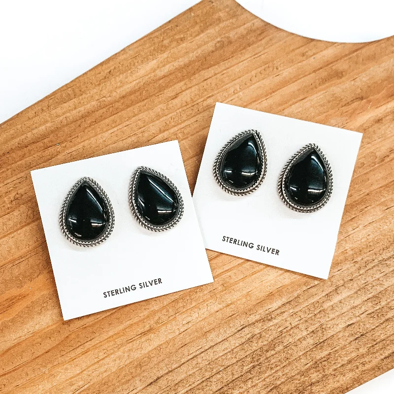 Victorian flair earrings-Judith Dixon | Navajo Handmade Sterling Silver Teardrop Earrings with Black Onyx Stones