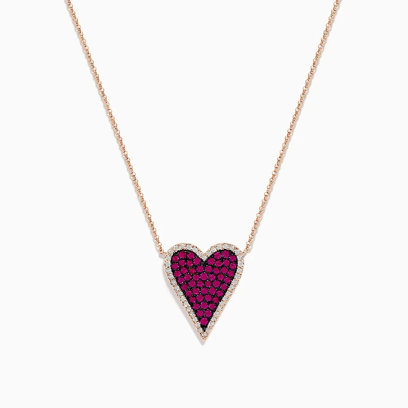 Fine yarn necklaces-Ruby Royale 14K Rose Gold Pave Ruby Heart Pendant Necklace