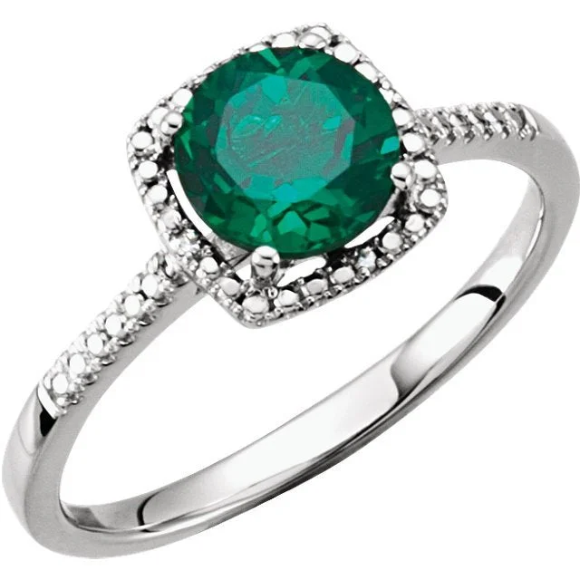 Cluster diamond engagement rings-STERLING SILVER 1.25 CT CREATED EMERALD & .01 CTW DIAMOND HALO RING