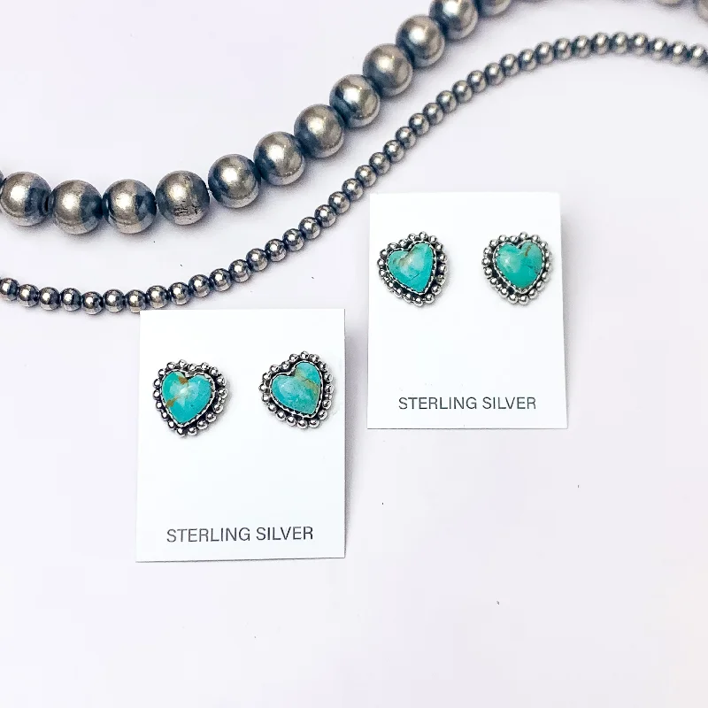 Fiber tassel earrings-Hada Collection | Handmade Sterling Silver Heart Shaped Stud Earrings with Kingman Turquoise Remix Stones