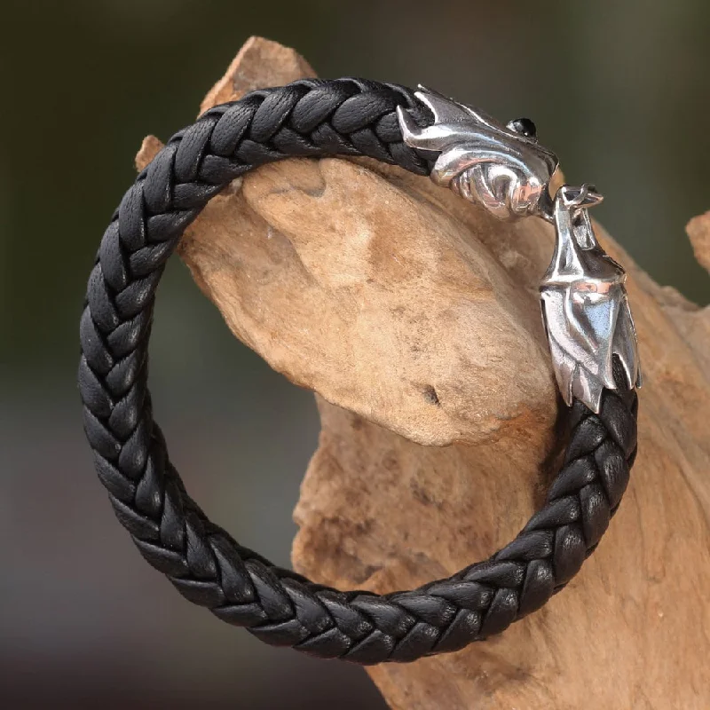 Tiny stack bangles-Sterling Silver Leather 'Fireballs' Onyx Bracelet (Indonesia)