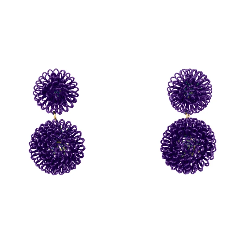 Silk cord earrings-Double Purple Pompom Rainbow