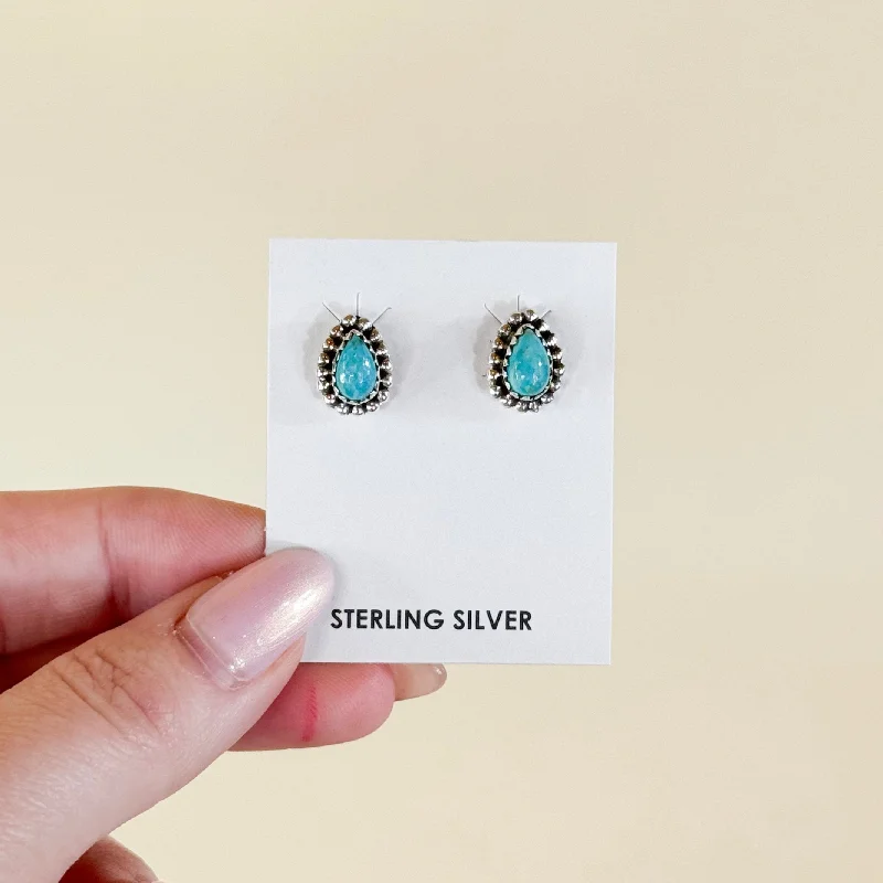 Oval dangle earrings-Hada Collection | Handmade Sterling Silver Teardrop Kingman Turquoise Stud Earrings