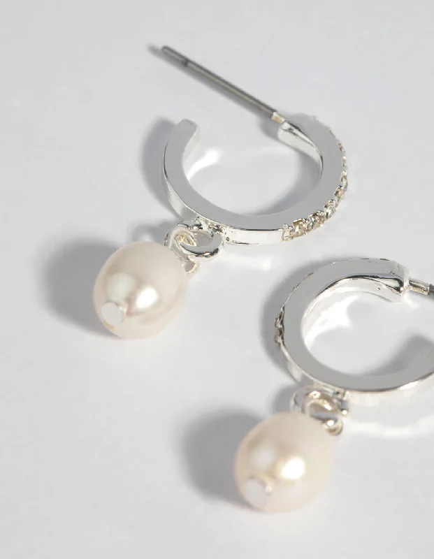 Vivid druzy earrings-Silver Plated Diamante & Freshwater Pearl Huggie Hoop Earrings