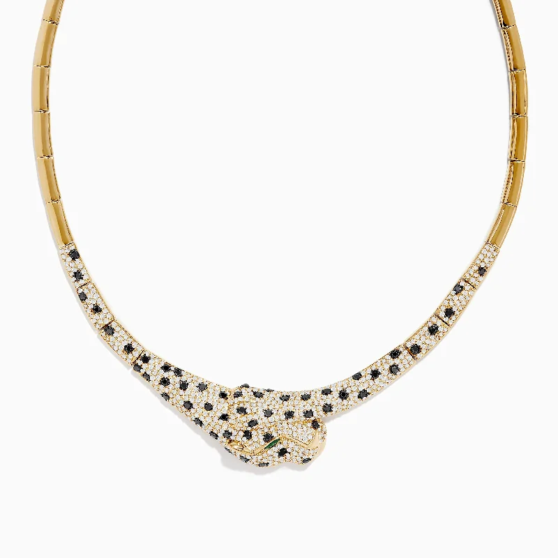 Woven link necklaces-Signature 14K Yellow Gold Emerald, Black and White Diamond Necklace