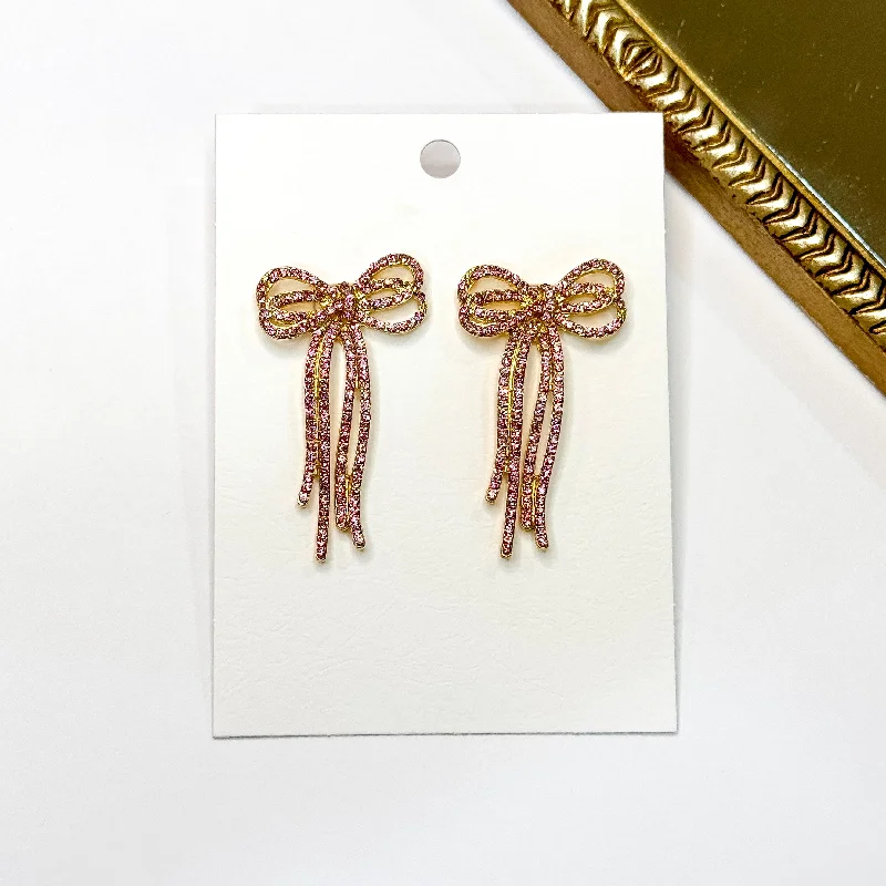 Tide theme earrings-Radiant Ribbons Gold Tone Pink Rhinestone Bow Earrings