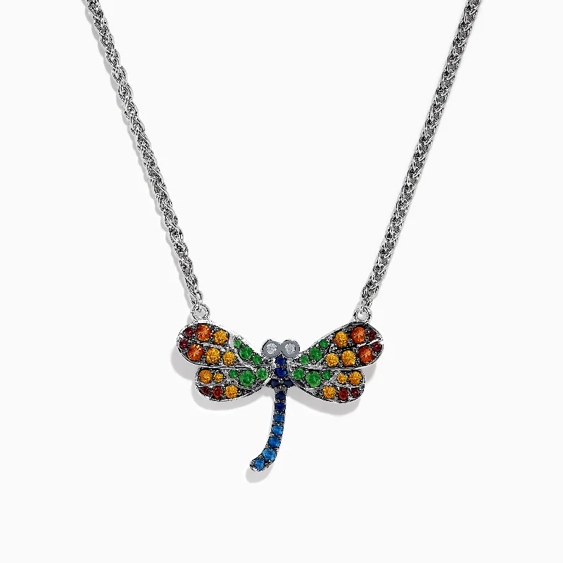 Topaz necklaces-Nature Sterling Silver Multi Gemstone Dragonfly Necklace