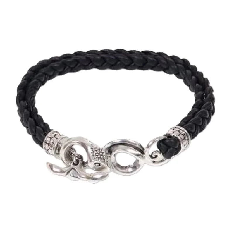 Thai tile bangles-Handmade Sterling Silver Men's 'Cobra' Leather Braided Bracelet (Indonesia)