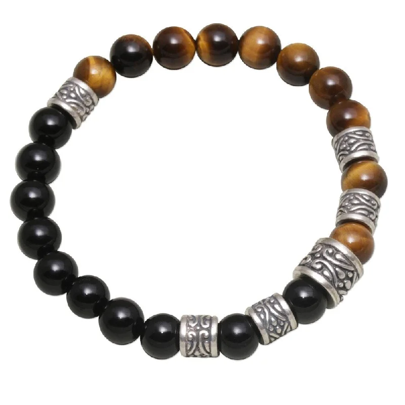 Firm clasp bangles-Handmade Sterling Silver Batuan Renaissance Tiger's Eye Onyx Bracelet (Indonesia)