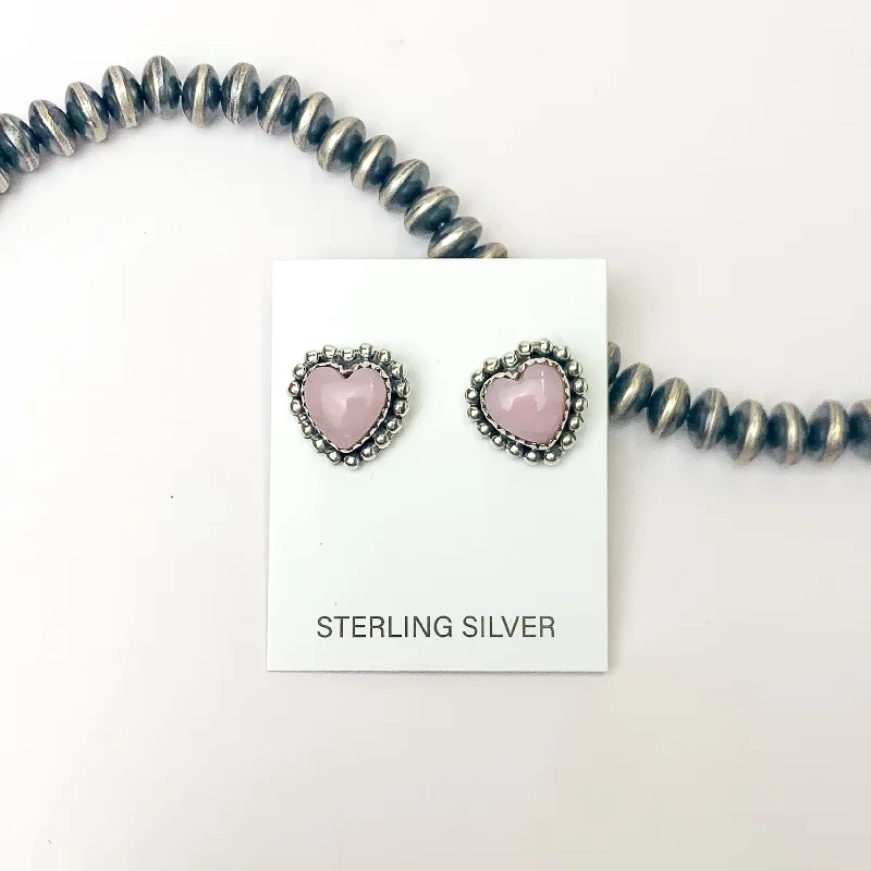 Raven feather earrings-Hada Collection | Handmade Sterling Silver Heart Shaped Stud Earrings with Pink Conch Stones