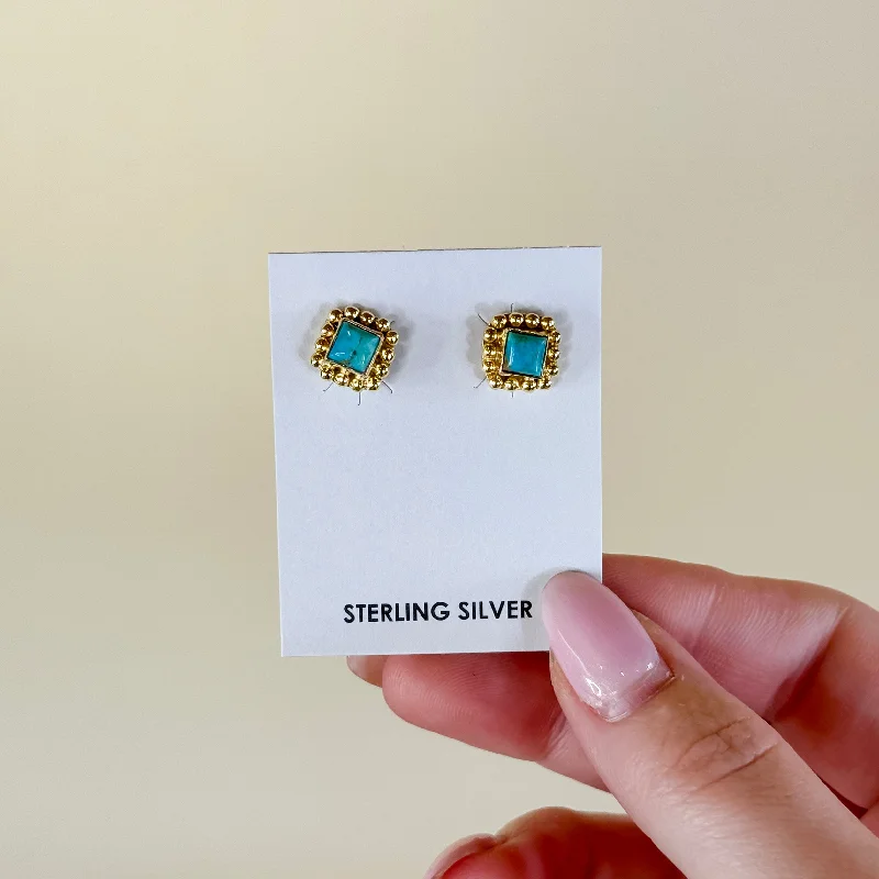 Burnished bronze earrings-Hada Collection | Handmade Sterling Silver 14K Gold Square Kingman Turquoise Stud Earrings