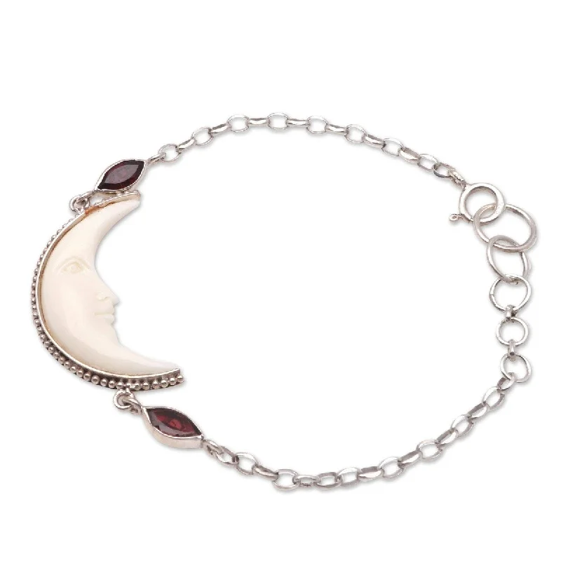 Swirl pattern bangles-NOVICA Happy Crescent, Garnet and bone pendant bracelet