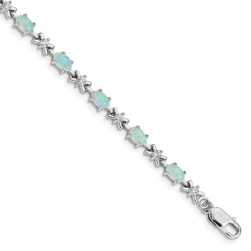 Beaded cluster bangles-Curata 925 Sterling Silver Polished Safety bar Box Catch Closure White Simulated Opal and Cubic Zirconia Bracelet 7 Inch Lobster