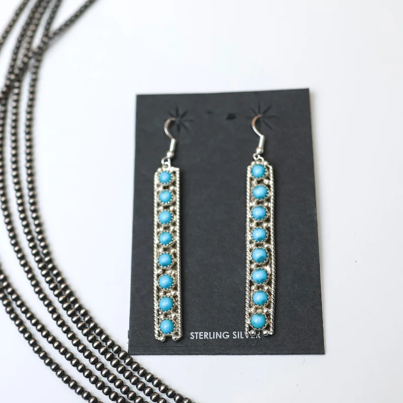 Bold tier earrings-Navajo | Navajo Handmade Sterling Silver Rectangle Dangle Earrings with Turquoise Stones