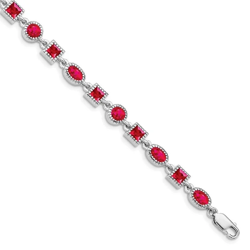 Clear diamond bangles-Curata 925 Sterling Silver Textured Polished Ruby Bracelet 7 Inch Lobster Claw