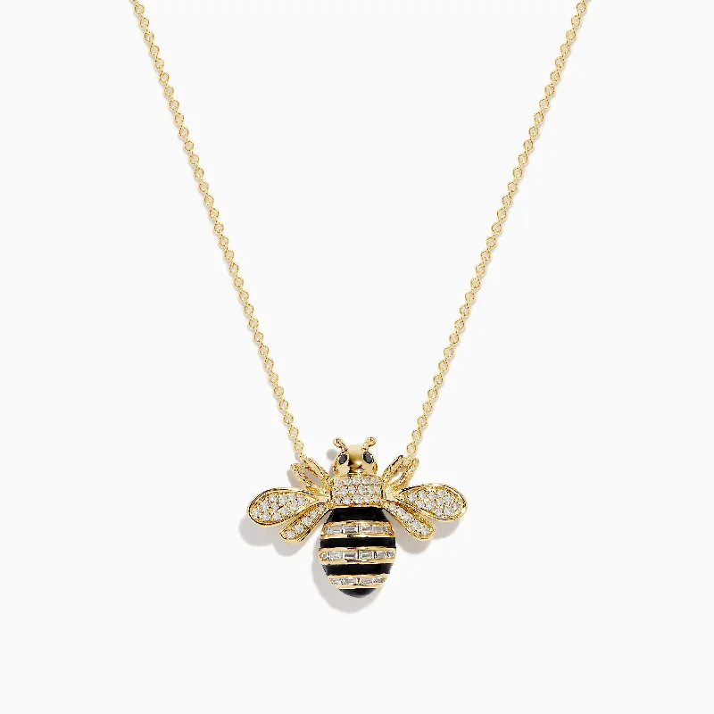 Astro sign necklaces-Safari 14K Yellow Gold Black and White Diamond Bee Necklace