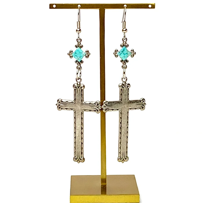 Shiny pearl earrings-Heavenly Harmony Silver Tone Cross Drop Earrings with Faux Turquoise Accents