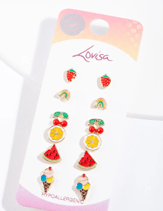 Soft threader earrings-Kids Fruit Stud Earring 6-Pack