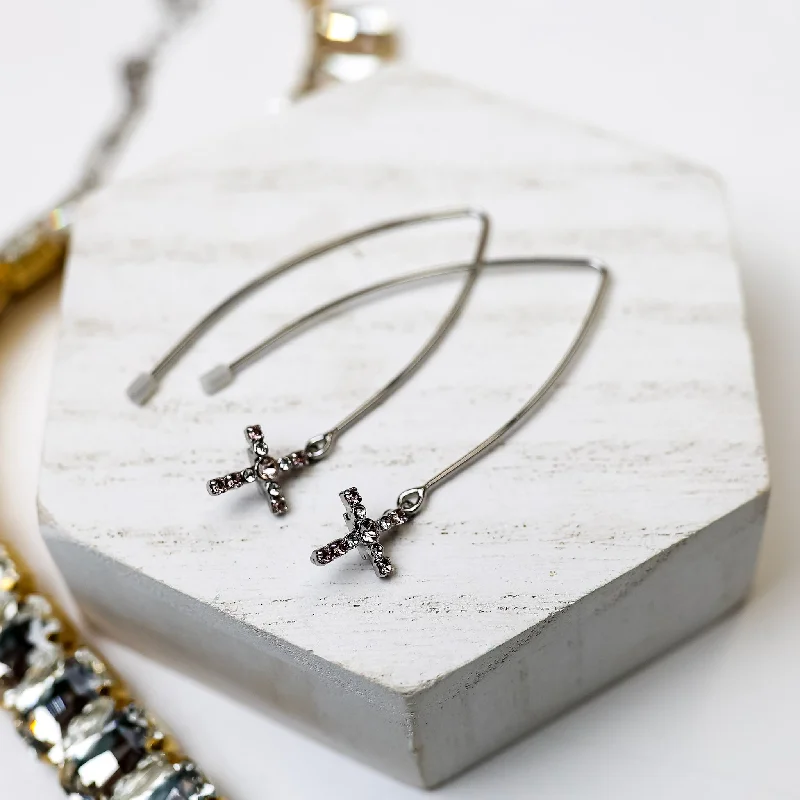 High shine earrings-Sorrelli | Jodie Cross Dangle Earrings in Palladium Silver Tone and Snow Bunny