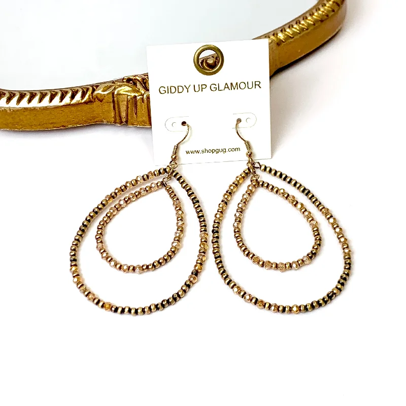 Thin hoop earrings-Layered Faux Navajo Pearl Beaded Teardrop Earrings with Champagne Glass Spacers in Gold Tone