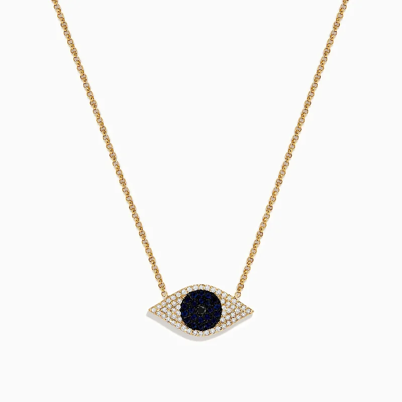 Emerald drop necklaces-Novelty 14K Yellow Gold Blue Sapphire and Diamond Evil Eye Necklace