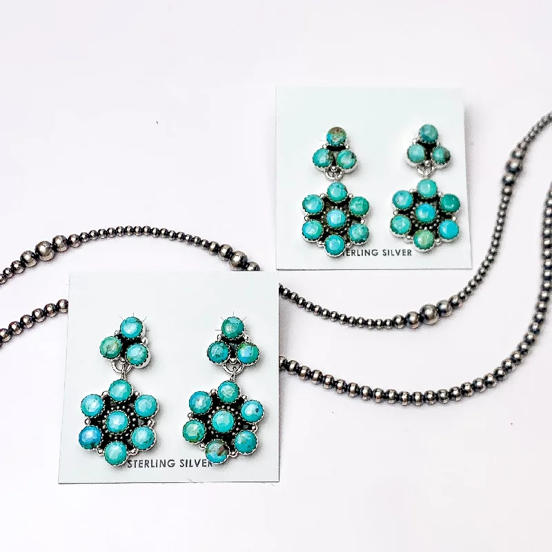 High shine earrings-Hada Collection | Handmade Sterling Silver Cluster Drop Earrings with Kingman Turquoise Stones