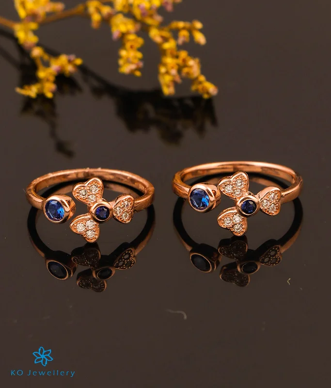 Bamboo style engagement rings-The Dahlia Silver Rosegold Toe-Rings (Blue/ Front open)