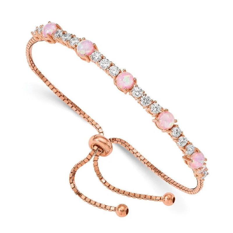 Stone stack bangles-Curata 925 Sterling Silver Rose tone Lab Simulated Opal and Cubic Zirconia Adjustable Bracelet