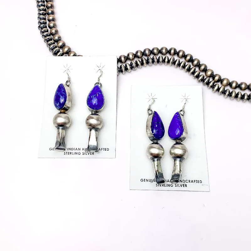 Morganite earrings-Mason Lee | Navajo Handmade Sterling Silver Dark Lapis Earrings with Squash Blossom Dangle