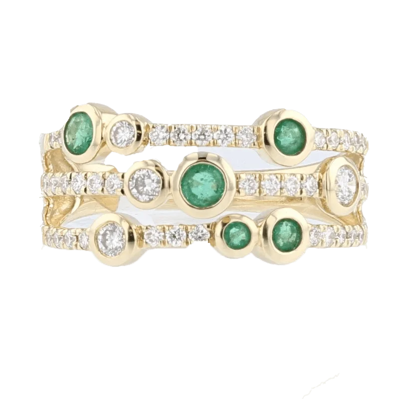 Fox motif engagement rings-14KT YELLOW GOLD 3/8 CTW EMERALD & 3/8 CTW DIAMOND BEZEL-SET 3 ROW RING