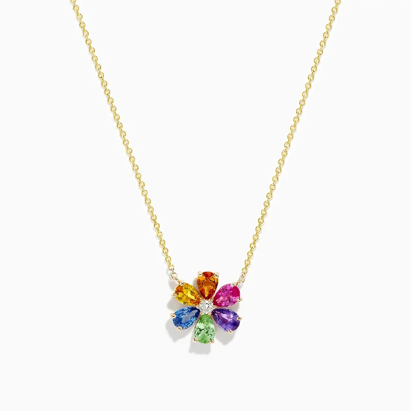 Thin enamel necklaces-Watercolors 14K Gold Multi Sapphire and Diamond Flower Necklace