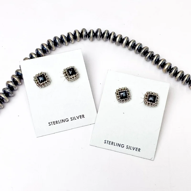 Tide theme earrings-Hada Collection | Handmade Sterling Silver Square Shaped Stud Earrings with Black Onyx Stones