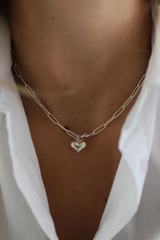 Raw braid necklaces-PUFF HEART PAPERCLIP NECKLACE