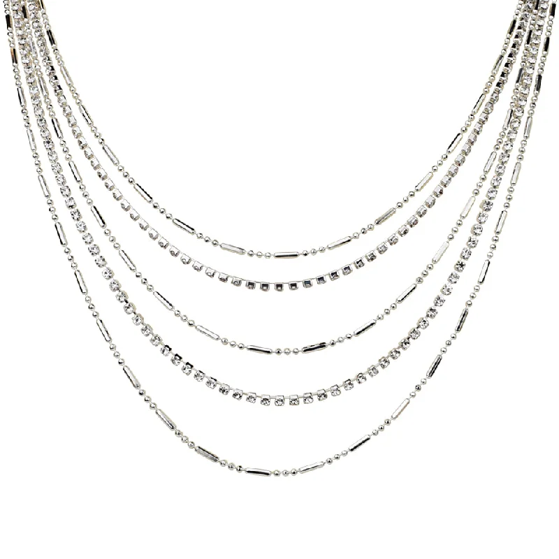 Cotton cord necklaces-Crystal Waterfall 5 Row Layered Drape Necklace (Sterling Silvertone)