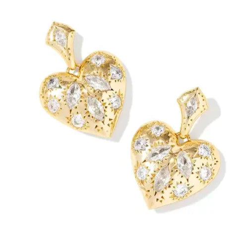 Thin hoop earrings-Kendra Scott | Holland Gold Heart Drop Earrings in White Crystal